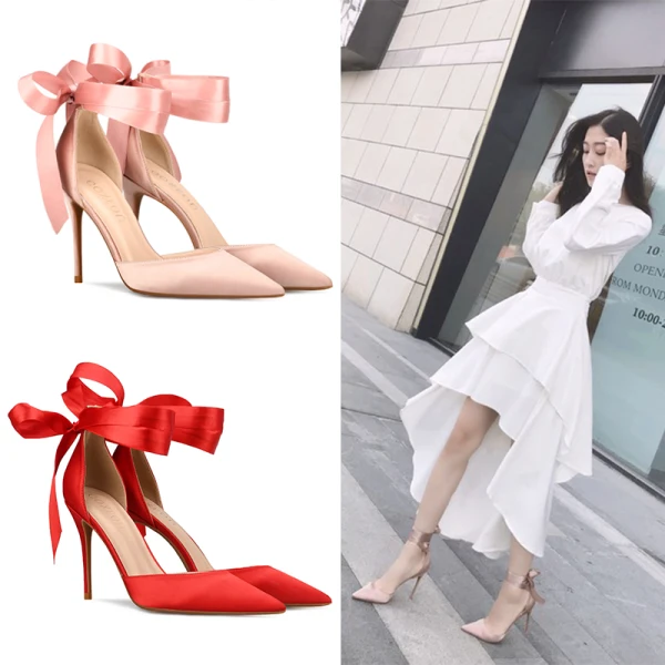 Schöne Schwarz Ball Satin Sandalen Damen 2020 Schleife 10 cm Stilettos Spitzschuh Sandaletten