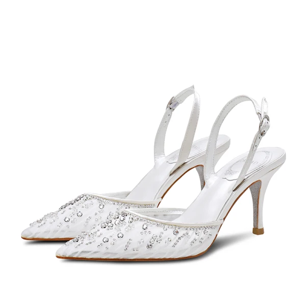 Charmant Weiß Abend Sandalen Damen 2020 Strass Slingpumps 7 cm Stilettos Spitzschuh Sandaletten