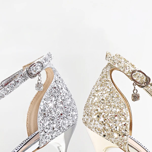 Sexy Argenté Soirée Paillettes Sandales Femme 2020 Bride Cheville 10 cm Talons Aiguilles Peep Toes / Bout Ouvert Sandales