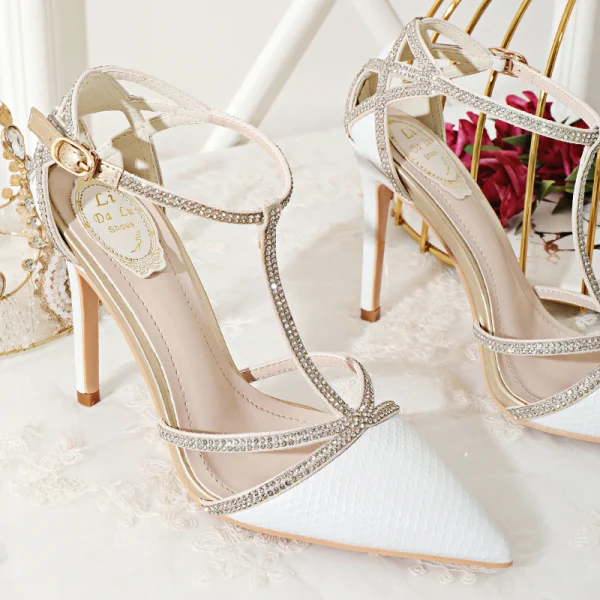 Sexy Ivory Evening Party Rhinestone Womens Sandals 2020 T-Strap 10 cm Stiletto Heels Pointed Toe Sandals