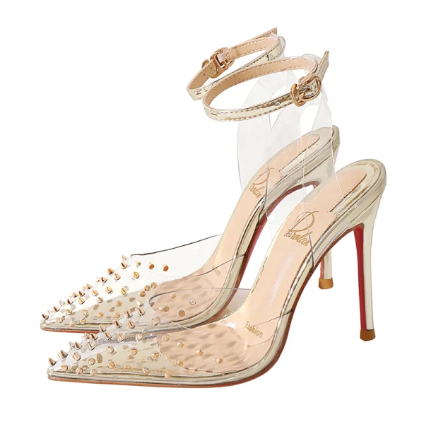 Transparent Gold Evening Party Womens Sandals 2020 Ankle Strap Rivet 10 cm Stiletto Heels Pointed Toe Sandals