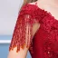 Chic / Beautiful Burgundy Evening Dresses  2018 A-Line / Princess Beading Crystal Tassel Lace Appliques V-Neck Backless Short Sleeve Floor-Length / Long Formal Dresses
