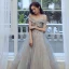 Fashion Grey Gold Prom Dresses 2021 A-Line / Princess Off-The-Shoulder Sequins Lace Flower Short Sleeve Backless Floor-Length / Long Prom Formal Dresses