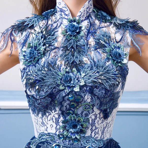 Vintage / Retro Royal Blue Evening Dresses 2018 A-Line / Princess Lace Flower Pearl Sequins High Neck Sleeveless Floor-Length / Long Formal Dresses