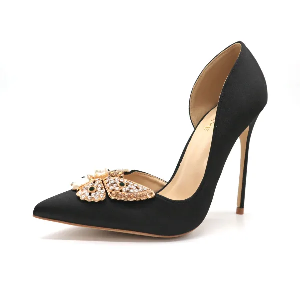 Elegant Black Prom Womens Shoes 2020 Leather Pearl Rhinestone Bow 12 cm Stiletto Heels Pointed Toe Heels