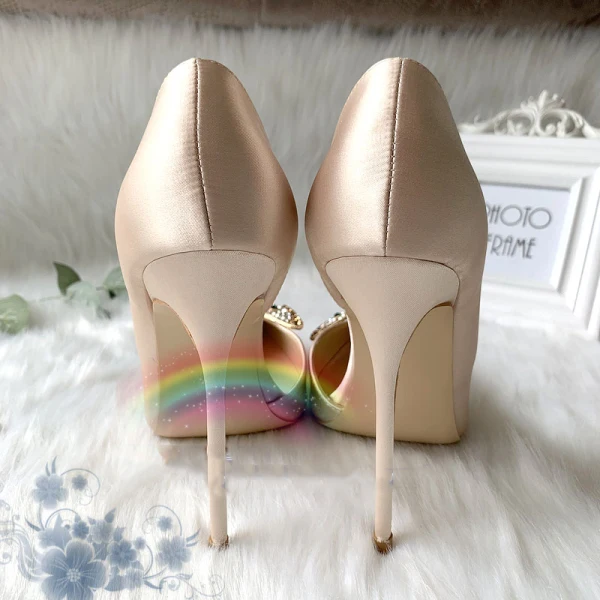 Charmant Champagner Ball Damenschuhe 2020 Leder Perle Strass Schmetterling 12 cm Stilettos Spitzschuh High Heels