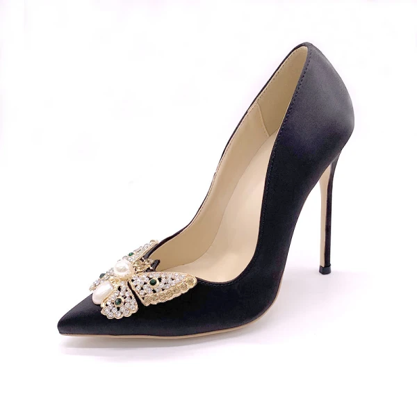 Elegant Black Prom Leather Pumps 2020 Pearl Rhinestone Butterfly 12 cm Stiletto Heels Pointed Toe Pumps