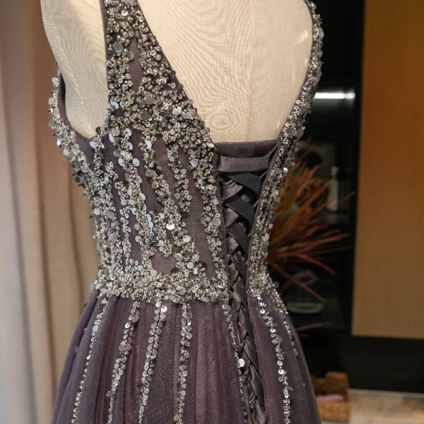 Chic / Beautiful Purple Prom Dresses 2021 A-Line / Princess V-Neck Beading Sequins Sleeveless Backless Floor-Length / Long Prom Formal Dresses