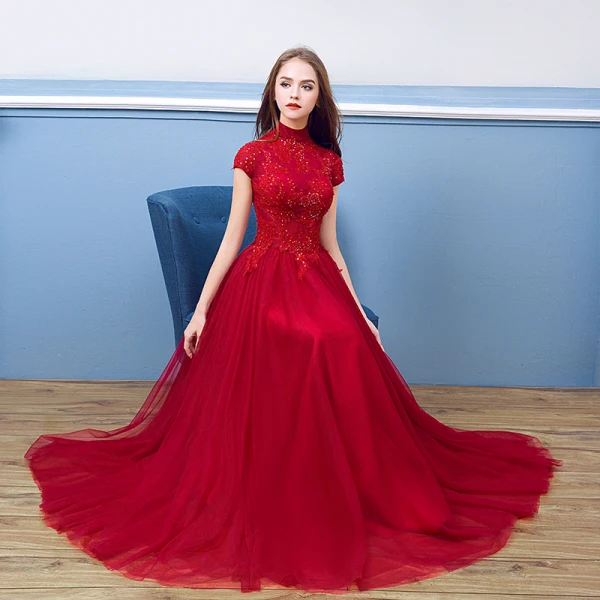 Chic / Beautiful Burgundy Evening Dresses 2018 A-Line / Princess Beading Lace Sequins Crystal High Neck Floor-Length / Long Short Sleeve Formal Dresses