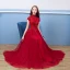 Chic / Beautiful Burgundy Evening Dresses  2018 A-Line / Princess Beading Lace Sequins Crystal High Neck Floor-Length / Long Short Sleeve Formal Dresses