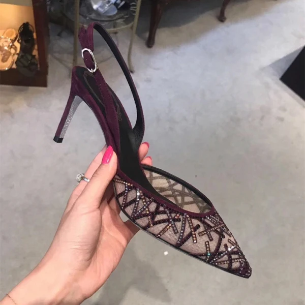 Uroczy Czarne Wieczorowe Rhinestone Slingback Sandały Damskie 2020 7 cm Szpilki Szpiczaste Sandały