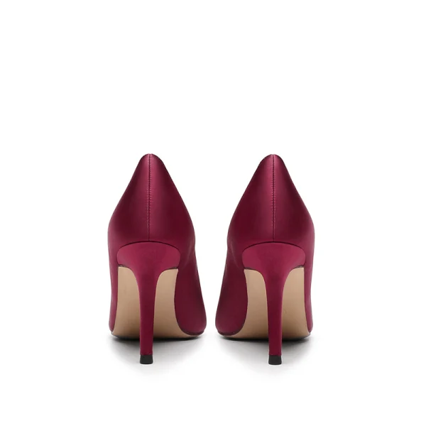 Chic / Beautiful Burgundy Satin Wedding Shoes 2021 Leather Pearl Rhinestone 9 cm Stiletto Heels Pointed Toe Wedding Pumps High Heels