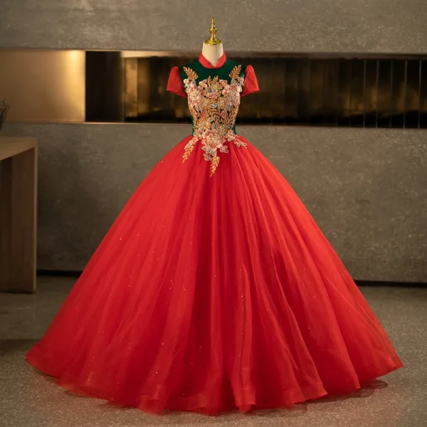 Vintage / Retro Red Beading Lace Flower Sequins Prom Dresses 2025 Ball Gown  High Neck Short Sleeve