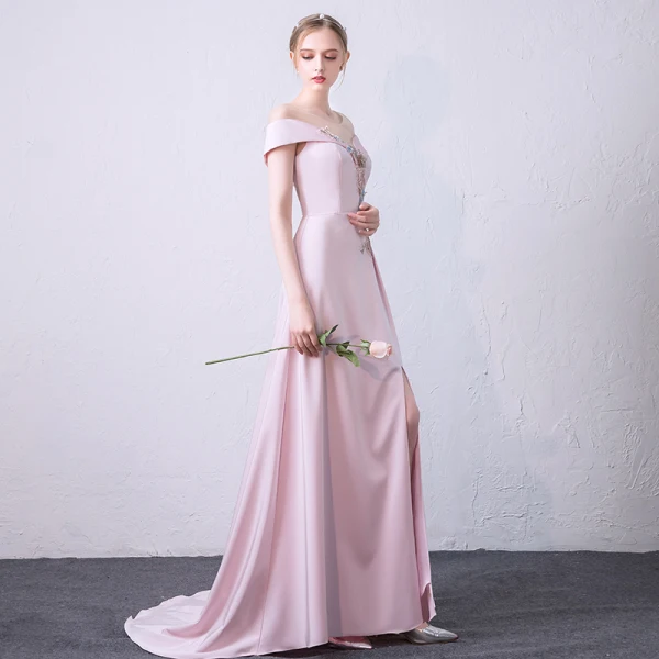 Elegante Candy Roze Gelegenheid Jurken 2018 A lijn Parel Appliques Rhinestone Split Voorzijde Ronde Hals Korte Mouwen Ruglooze Sweep Trein Avondjurken