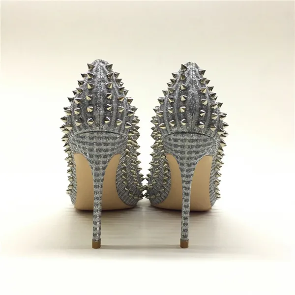 Charmant Argenté Soirée Paillettes Rivet Escarpins 2020 12 cm Talons Aiguilles À Bout Pointu Escarpins