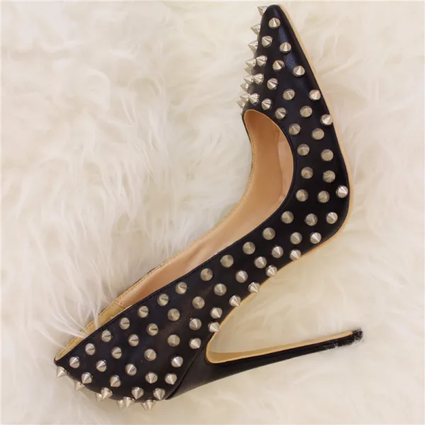 Amazing / Unique Black Rave Club Rivet Pumps 2020 Leather 10 cm Stiletto Heels Pointed Toe Pumps