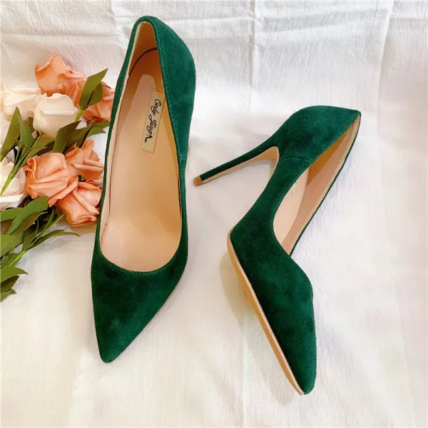 Schöne Wildleder Dunkelgrün Ball Pumps 2020 Leder 10 cm Stilettos Spitzschuh Pumps