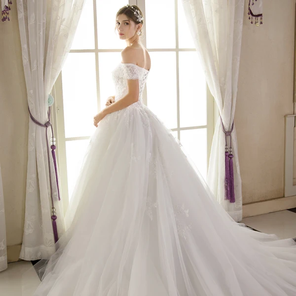 Elegant Ivory Wedding Dresses 2018 Ball Gown Lace Flower Sequins Off-The-Shoulder Backless Sleeveless Cathedral Train Wedding