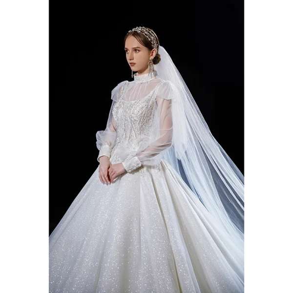 Luxury / Gorgeous Ivory With Cloak Wedding Dresses 2021 Ball Gown High Neck Beading Rhinestone Sequins Bow Long Sleeve Royal Train Wedding