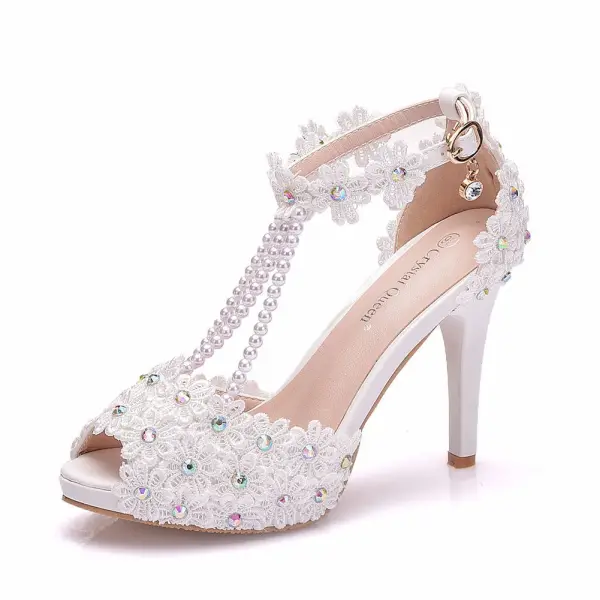 Elegant Ivory Prom Pearl Womens Shoes 2020 Rhinestone Lace Flower Ankle Strap 10 cm Stiletto Heels Open / Peep Toe Sandals
