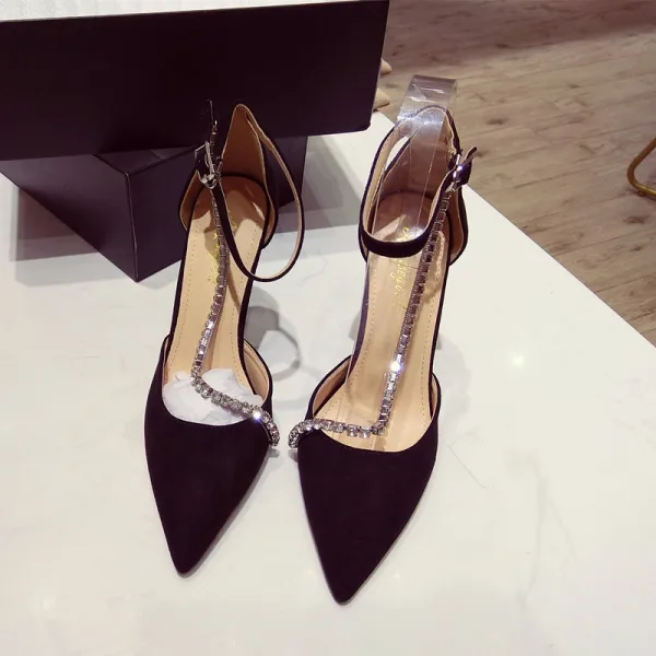 Fashion Nude Pageant Womens Sandals 2020 Ankle Strap Rhinestone 10 cm Stiletto Heels Pointed Toe Sandals