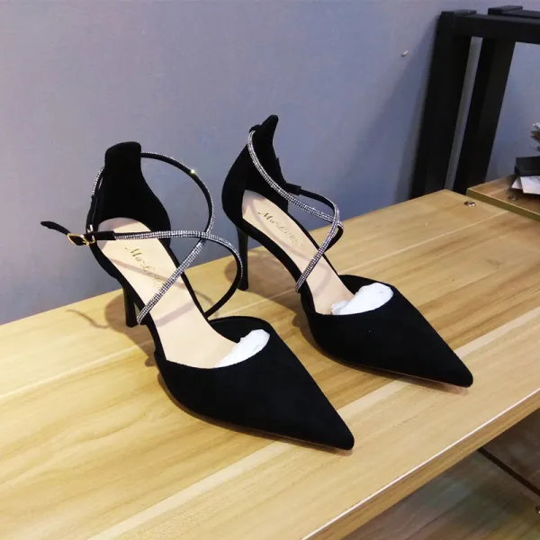 Fashion Black Evening Party Womens Sandals Rhinestone X-Strap 2020 8 cm Stiletto Heels Pointed Toe Sandals