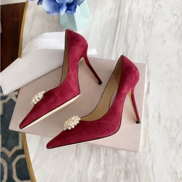 Eleganta Mocka Pärla Hall Pumps 2020 10 cm Stilettklackar Spetsiga Pumps