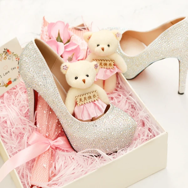 Sparkly Sølv Brudesko 2018 Rhinestone 14 cm Stiletthæler Platform Rund Tå Bryllup Pumps