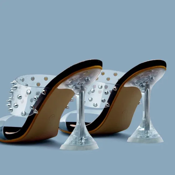 Charmant Schwarz Strassenmode Niet Sandalen Damen 2020 10 cm Stilettos Peeptoes Sandaletten