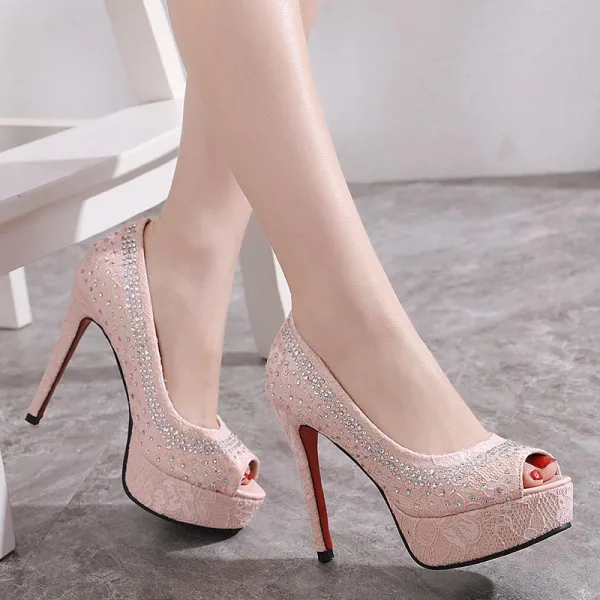 Mode Svarta Fest Rhinestone Damskor 2020 12 cm Stilettklackar Peep Toe Pumps