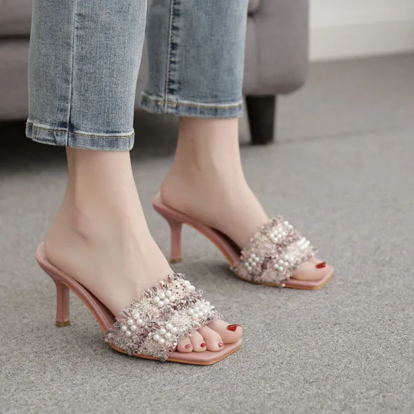 Modest / Simple Black Street Wear Pearl Womens Sandals 2020 8 cm Stiletto Heels Open / Peep Toe Sandals