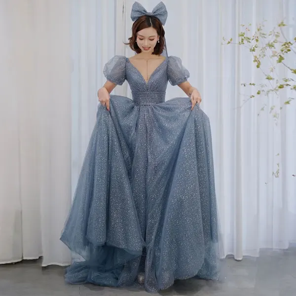 Lovely Vintage / Retro Pool Blue Prom Dresses 2021 A-Line / Princess Deep V-Neck Sequins Short Sleeve Floor-Length / Long Prom Formal Dresses