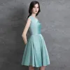 Fashion Mint Green Homecoming Satin Graduation Dresses 2021 A-Line / Princess Pearl One-Shoulder Sleeveless Knee-Length Formal Dresses