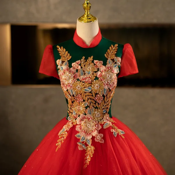 Vintage / Retro Red Beading Lace Flower Sequins Prom Dresses 2025 Ball Gown High Neck Short Sleeve Backless Floor-Length / Long Formal Dresses
