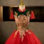 Vintage / Retro Red Beading Lace Flower Sequins Prom Dresses 2025 Ball Gown High Neck Short Sleeve Backless Floor-Length / Long Formal Dresses
