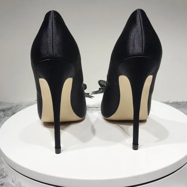 Chic / Beautiful Black Prom Pumps 2020 Satin Rhinestone Bow 12 cm Stiletto Heels Pointed Toe Pumps