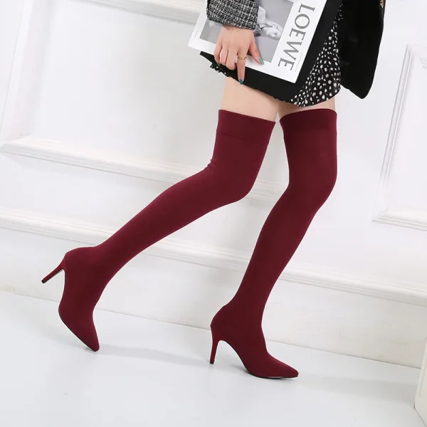 Fashion Burgundy Street Wear Over The Knee / Thigh High Womens Boots 2020 8 cm Stiletto Heels Pointed Toe Boots