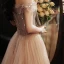 Charmant Champagner Ballkleider 2021 A Linie Off Shoulder Perlenstickerei Strass Pailletten Kurze Ärmel Rückenfreies Lange Festliche Kleider