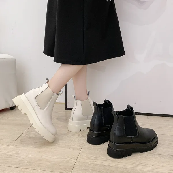 Enkla Aprikos / Beige Casual Läder Platt Pande Zote Toe Stövlar Dam 2020