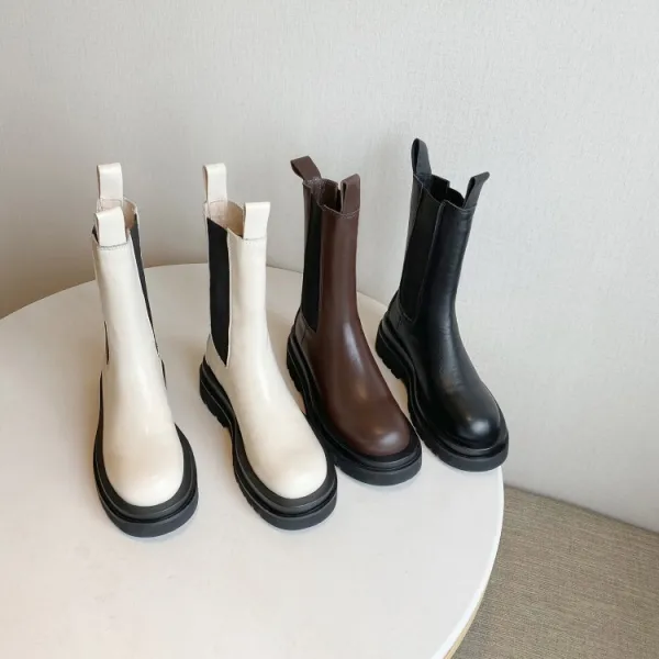 Modest / Simple Winter Brown Street Wear Leather Flat Round Toe Womens Boots 2020