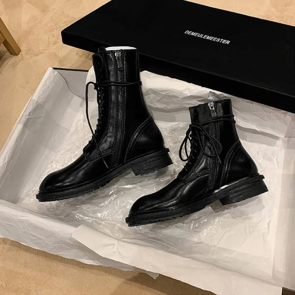 Fashion Fall Black Street Wear Flat Womens Boots 2020 Round Toe Ankle Boots