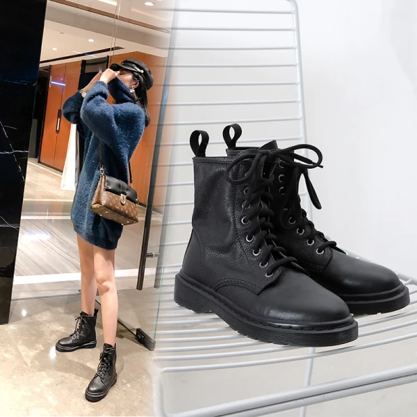 Fashion Winter Black Casual Leather Flat Round Toe Womens Boots 2020