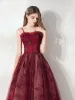 Chic / Beautiful Burgundy Prom Dresses Evening Dresses  2021 A-Line / Princess Spaghetti Straps Lace Butterfly Sequins Sleeveless Backless Floor-Length / Long Evening Party Formal Dresses