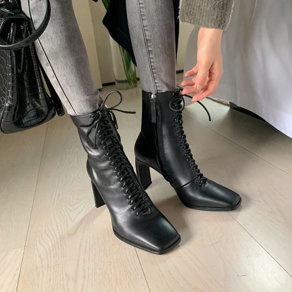 Schlicht Winter Beige Strassenmode Ankle Boots Stiefel Damen 2020 Leder 8 cm Thick Heels Quadratische Zehe Stiefel