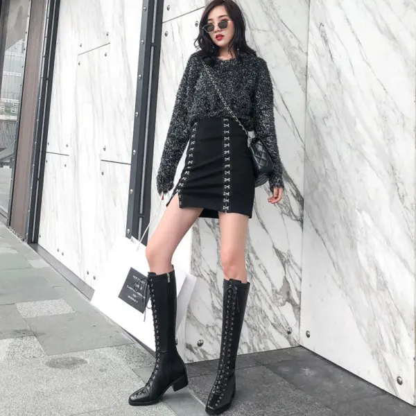 Schlicht Herbst Schwarz Strassenmode Kniehohe Stiefel Damen 2020 Leder 4 cm Thick Heels Low Heel Quadratische Zehe Stiefel