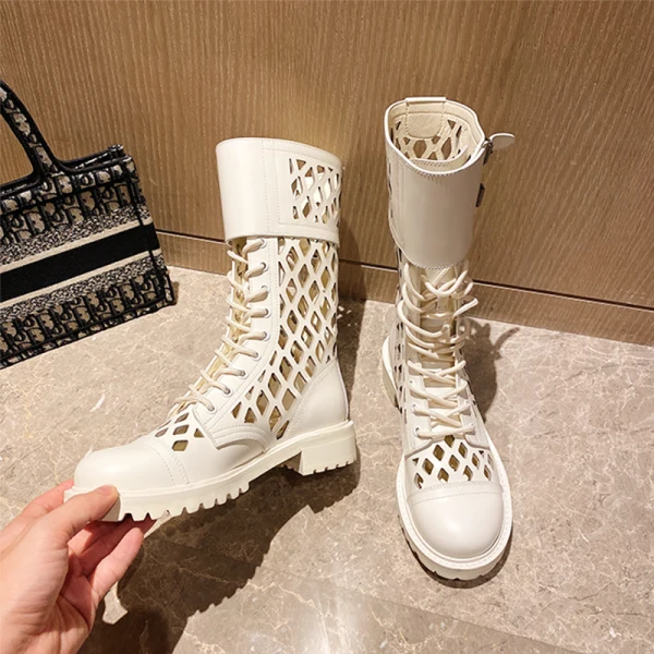 Fashion White Street Wear Pierced Ankle Womens Boots 2020 Leather 3 cm Low Heel Thick Heels Round Toe Boots