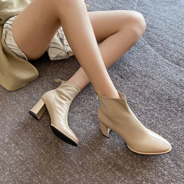 Enkel Høst Aprikos Casual Ankel Kvinners støvler 2020 Lær 7 cm Tykk Hæler Spisse Boots