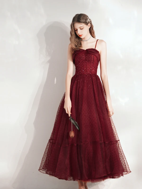 Chic / Beautiful Burgundy Homecoming Prom Dresses Evening Dresses  Graduation Dresses 2021 A-Line / Princess Spaghetti Straps Beading Crystal Sequins Sleeveless Backless Floor-Length / Long Formal Dresses