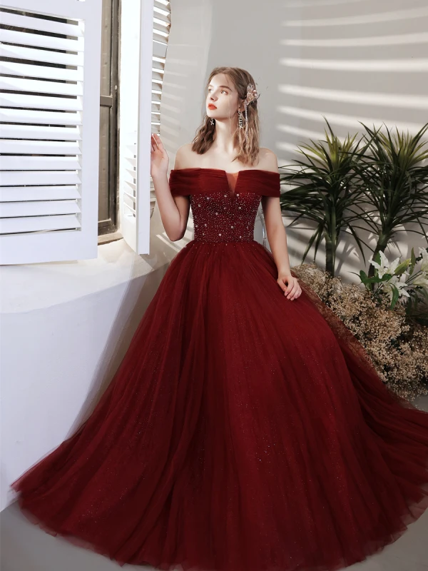 Chic / Beautiful Burgundy Prom Dresses 2021 A-Line / Princess Off-The-Shoulder Beading Crystal Sequins Short Sleeve Backless Floor-Length / Long Prom Formal Dresses