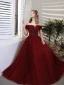 Chic / Beautiful Burgundy Prom Dresses 2021 A-Line / Princess Off-The-Shoulder Beading Crystal Sequins Short Sleeve Backless Floor-Length / Long Prom Formal Dresses